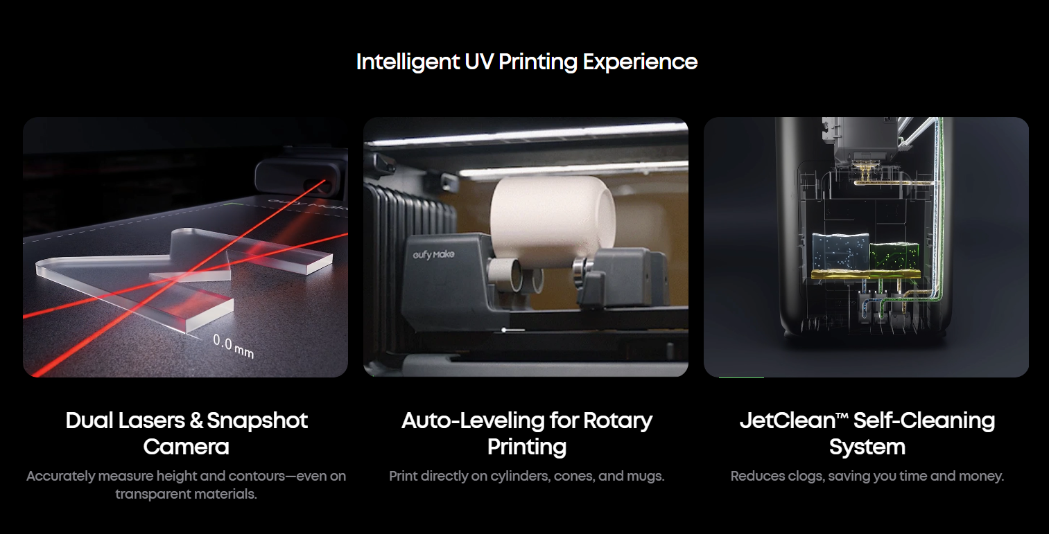 eufyMake E1 technology including dual lasers, snapshot camera, rotary leveling, and JetClean system