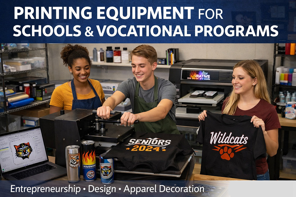 Students printing shirts in a classroom or vocational training environment
